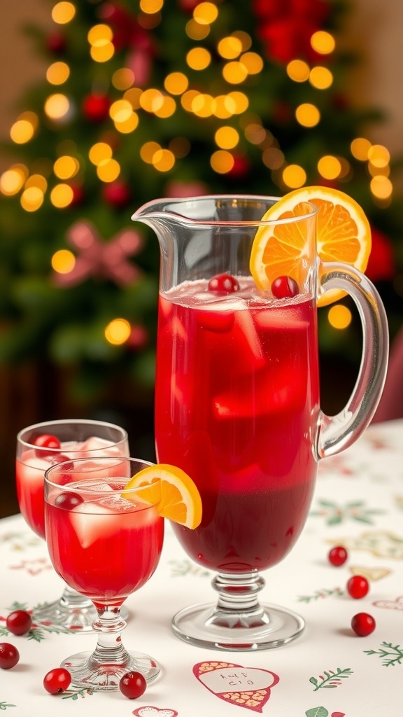 A pitcher of Christmas vodka cocktail with cranberries and orange slices on a festive table.